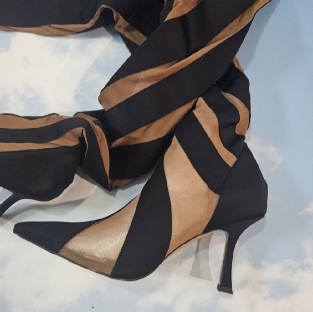 Over-the-Knee Striped Thigh High Boots - Black & Tan Illusion Mesh Heels - Picture 2 of 13
